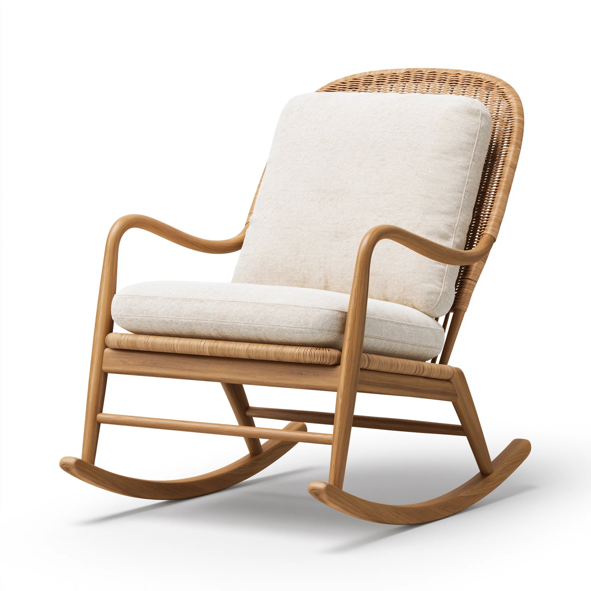 Schaukelstuhl 70 x 95 x 100 cm aus Holz und Rattan in Naturbeige mit Polsterung